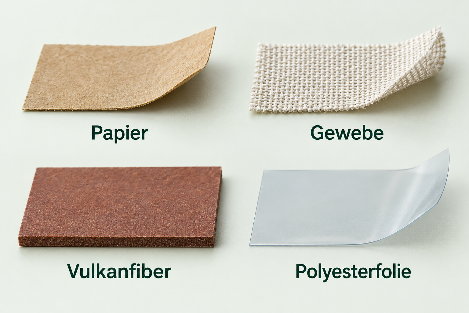 Vier unbeschichtete Schleifmittel-Unterlagen im schematischen Vergleich: Papier, gewebtes Textil, Vulkanfiber und glatte Polyesterfolie.