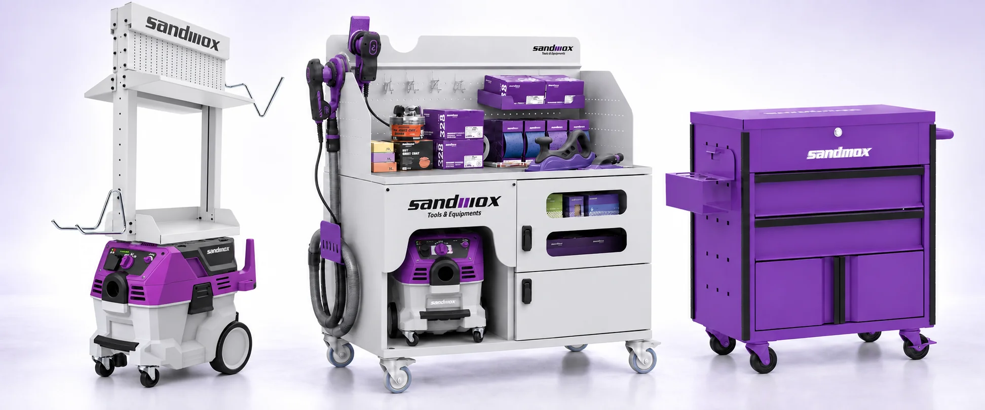 Sandwox Workstations LX-WS5 auf Absauger, LX-WS7 mit Absauger und LX-WS9