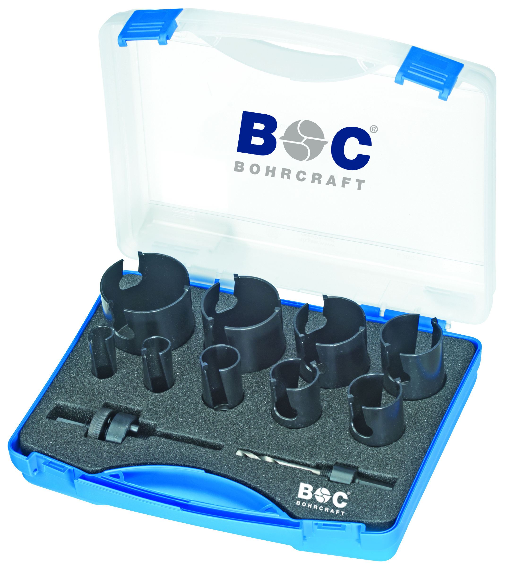 Bohrcraft MultiCut Lochsägen in Kunstoffkoffer LM 9 – 11-tlg. 19 - 64 mm + Adapter AM 11 und AM 33 - Hersteller-Originalbild des vollstaendigen Sets