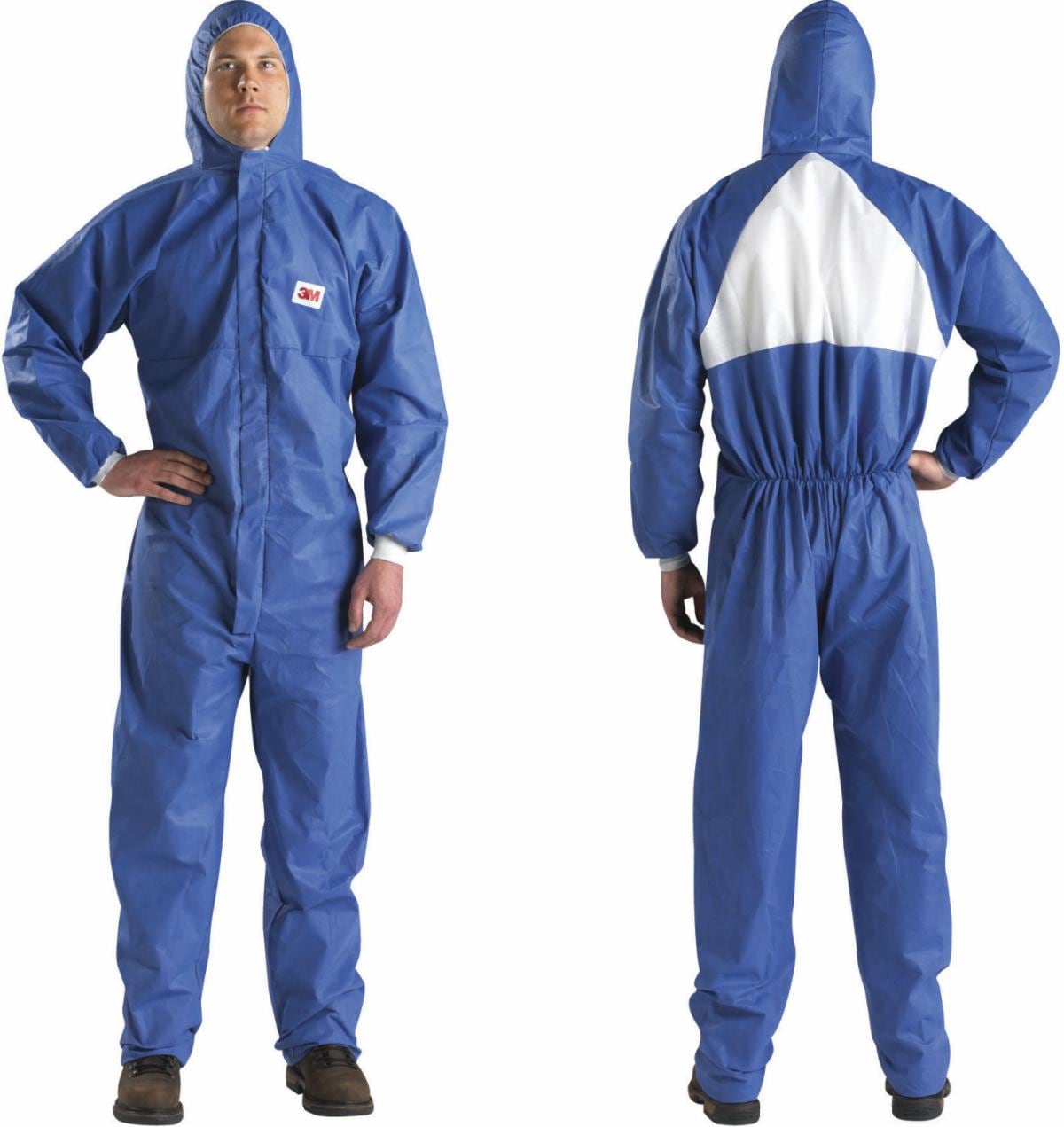 Original-Serienbild des blauen 3M 4530 Schutzanzugs mit Kapuze und weißem Rückeneinsatz