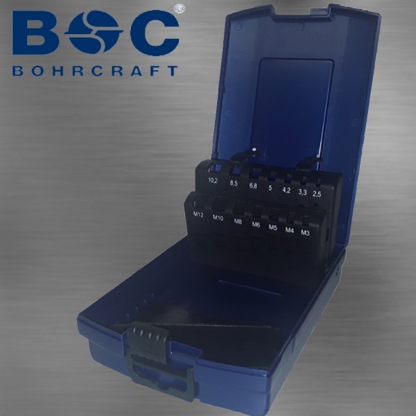 Bohrcraft Industrie-Kunststoffbox dunkelblau Maschinengewindebohrer 14-K leer – 14-tlg. für Maschinengewindebohrer DIN 371/376 + Spiralbohrer DIN 338