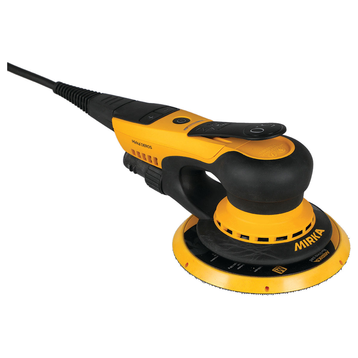 Mirka DEROS Exzenterschleifer des 5650CV-Sets mit montiertem 150-mm-Teller