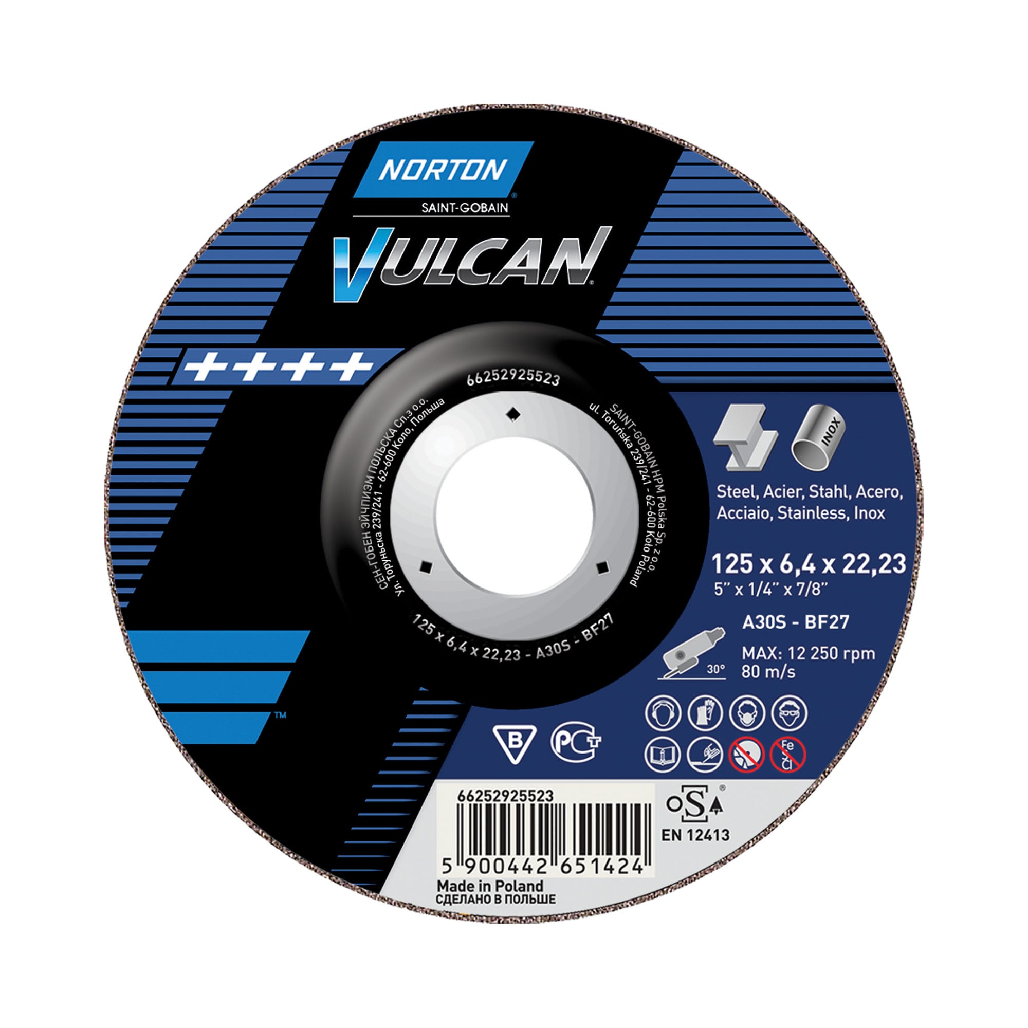 Norton Vulcan Schruppscheibe A30S mit 125 × 6,4 × 22,23 mm auf dem Etikett