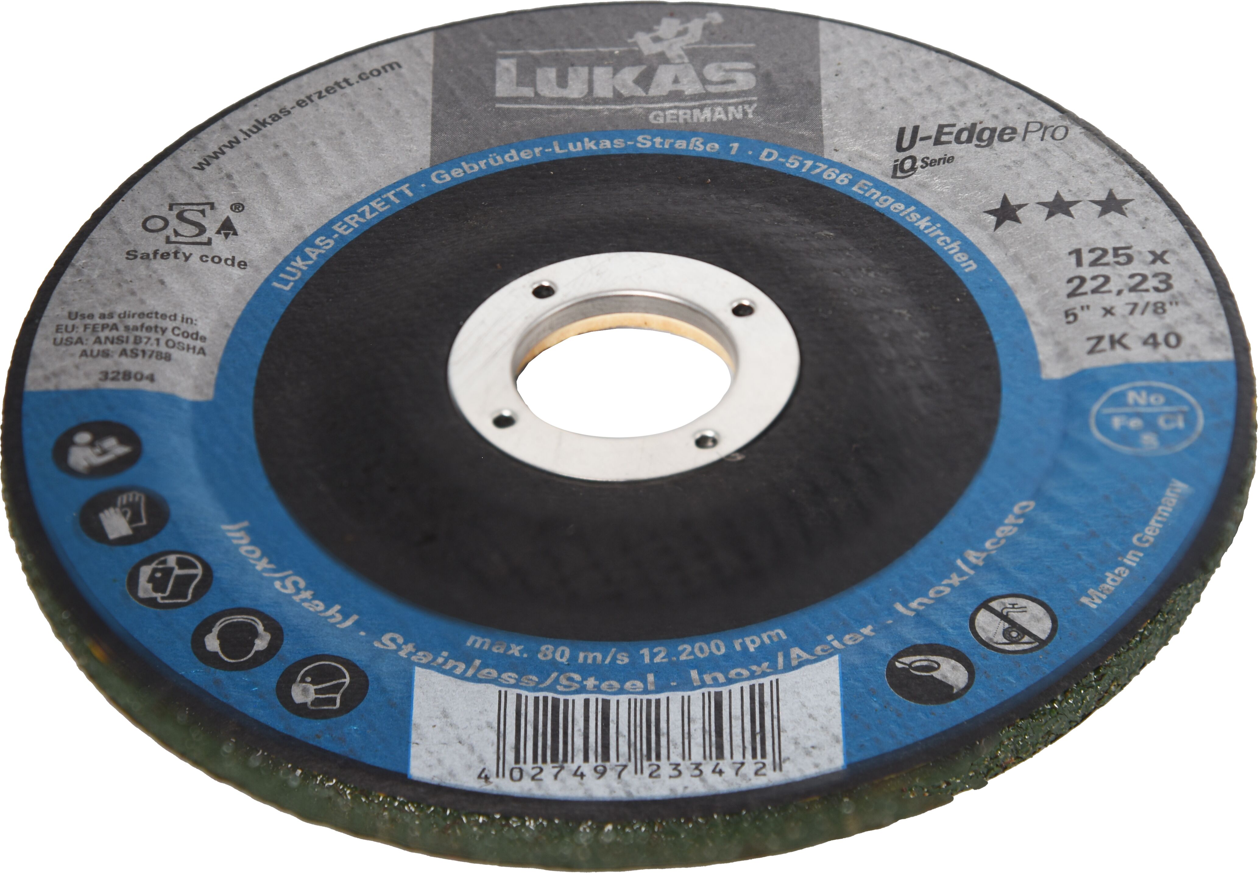 LUKAS U-Edge Pro 125 mm mit 22,23-mm-Bohrung, Serienfoto ZK 40; Aufdruck und Körnung weichen bei ZK 60 und ZK 80 ab