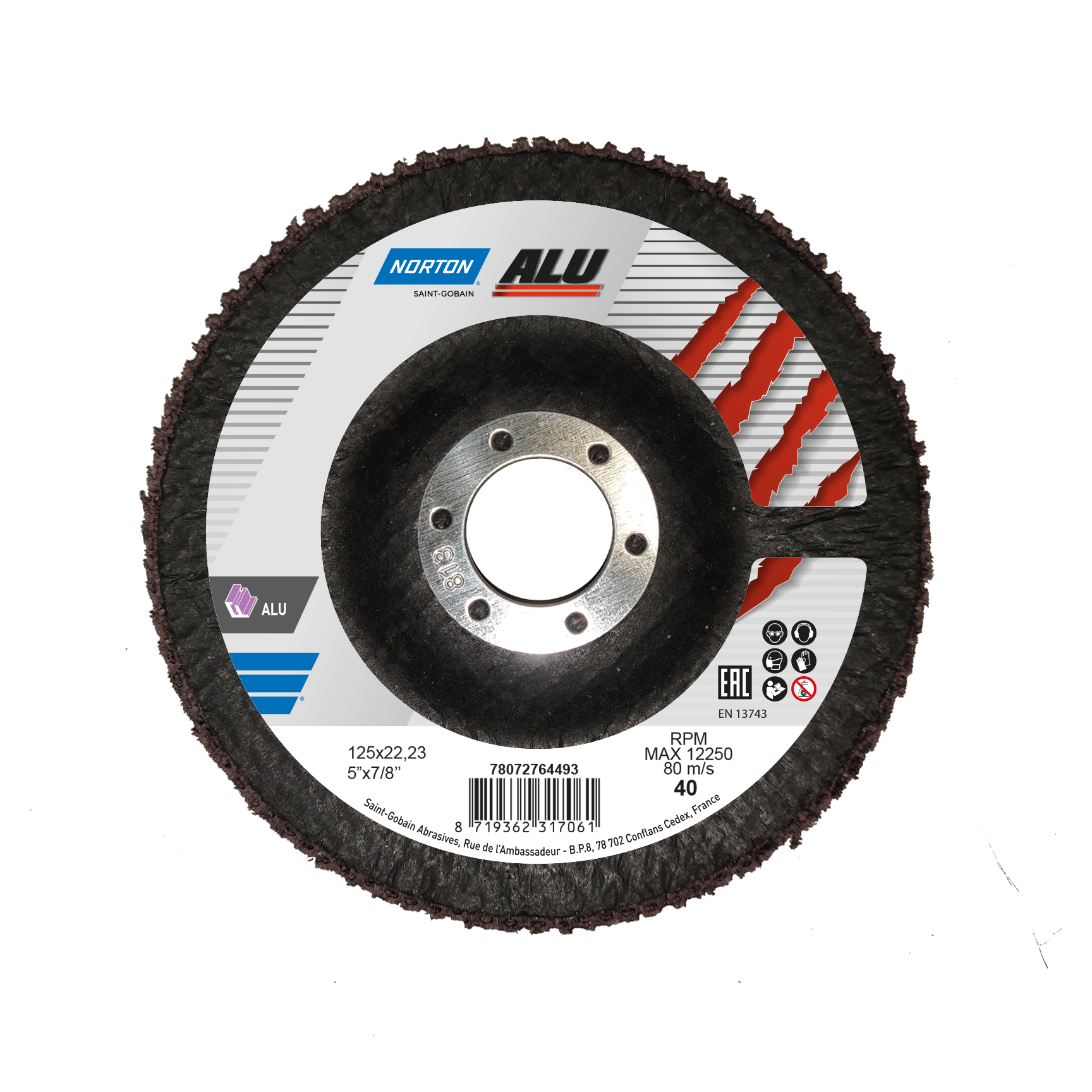 Rückseite einer Norton Alu Mesh Fächerschleifscheibe 125 mm mit sichtbarem Korn-40-Etikett