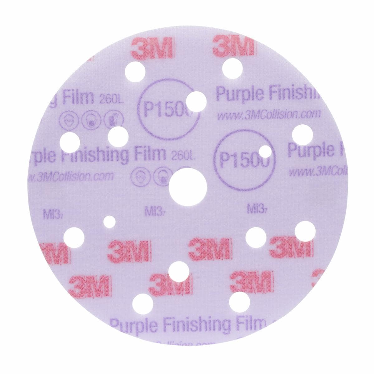 3M Hookit Purple 260L 51154 in P1500, 150 mm, 15-loch – Originalansicht mit passendem Körnungsaufdruck