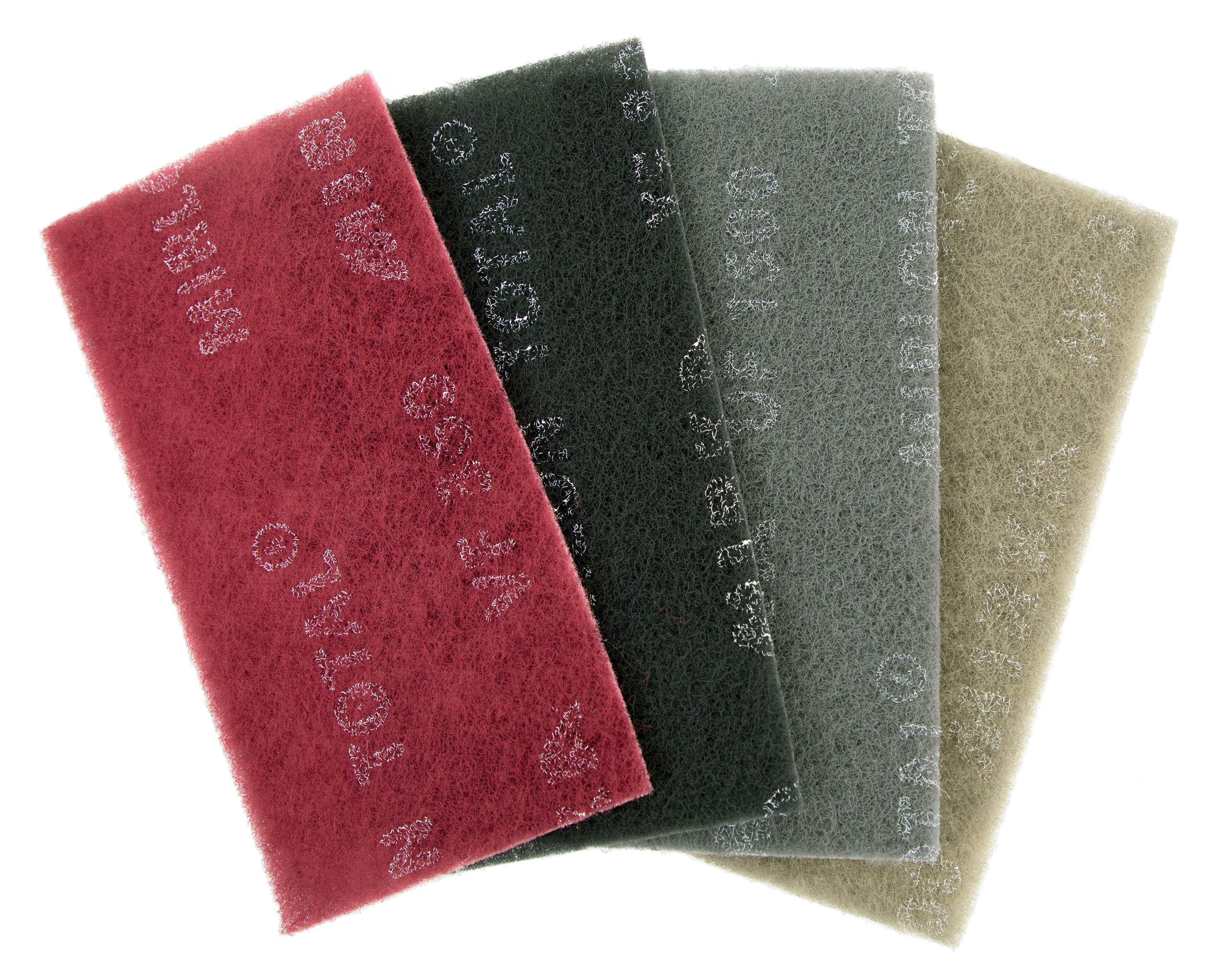 Mirka Mirlon Total Schleifvlies-Pads in Rot, Schwarz, Grau und Beige als Übersicht der Feinheitsgrade