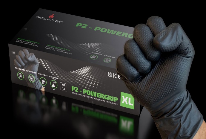 Pelatec P2 - PowerGrip - Nitril Einweghandschuhe, genoppt – Produktansicht; Herstellerbild der Artikelserie