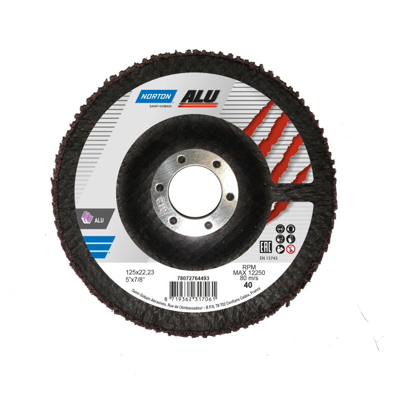 Rückseite einer Norton Alu Mesh Fächerschleifscheibe 125 mm mit sichtbarem Korn-40-Etikett