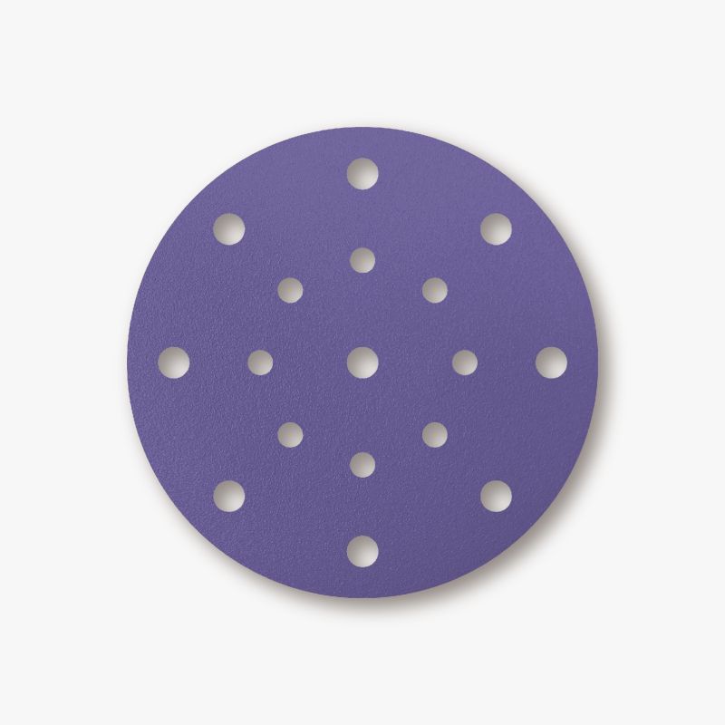 Violette Schleifseite einer Sandwox 328 Purple Klettscheibe mit 15 Absauglöchern