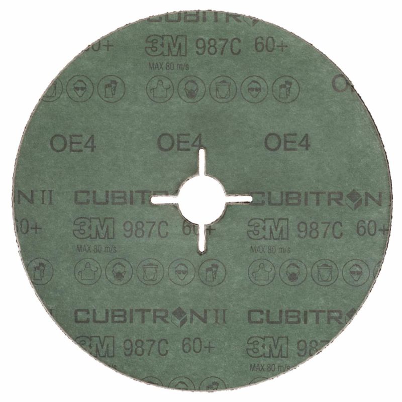 Bedruckte Rückseite der 3M Cubitron II 987C Fiberscheibe 180 mm, 60+, mit geschlitztem Mittelloch